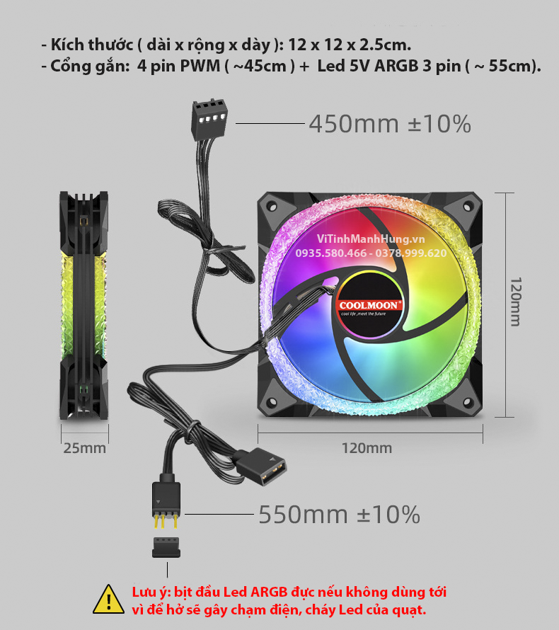 Quạt CoolMoon P-AS2, 4 pin PWM + 5V ARGB, 12cm, 1800rpm, Led tâm + vòn - 1