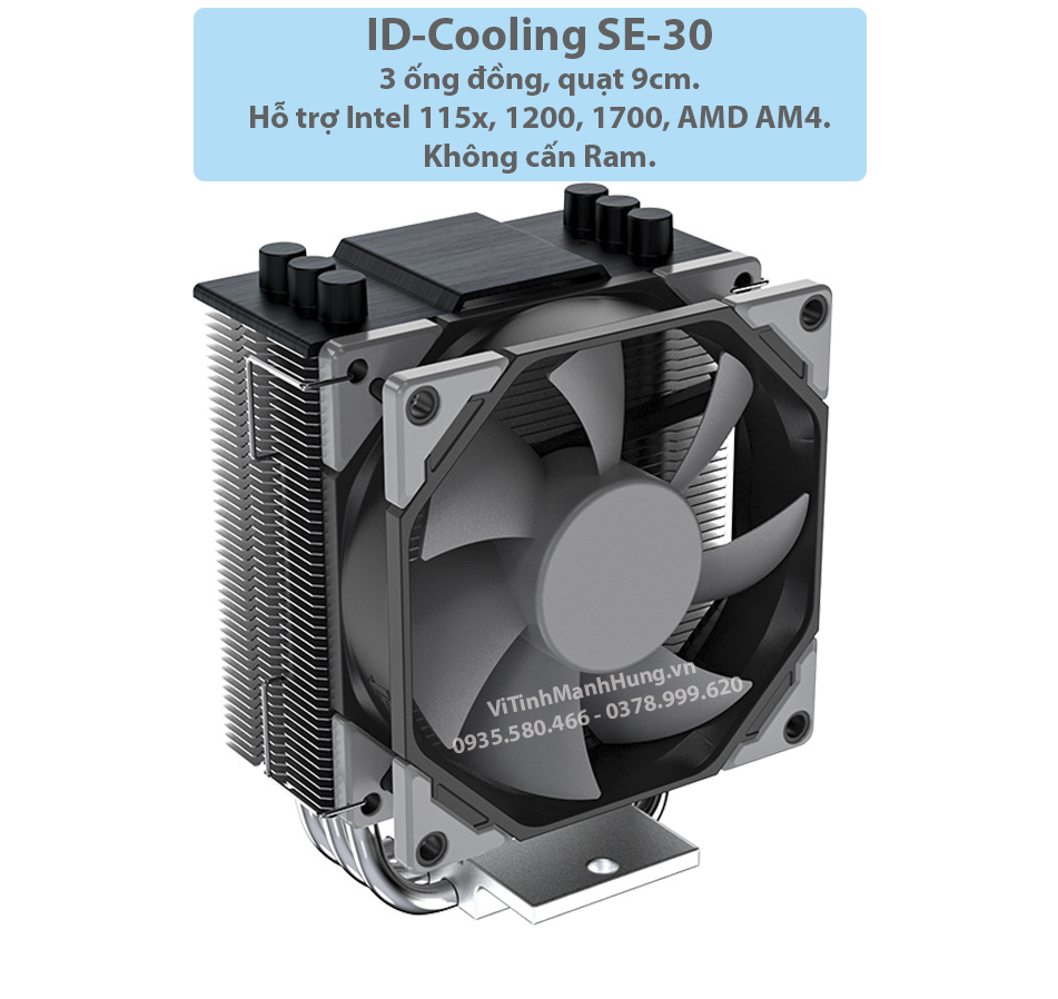 Tản nhiệt chip CPU ID-COOLING SE-30, 3 ống đồng, Fan 9cm,hỗ trợ sk1700
